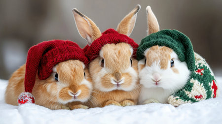 Three adorable rabbits wearing cozy festive hats sit together on soft snow, embodying the joy and warmth of winter. A perfect holiday image!の素材