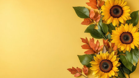 A stunning composition featuring bright sunflowers and vibrant autumn leaves against a cheerful yellow background, perfect for seasonal decorations or nature-themed designs.の素材
