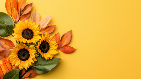 A vibrant arrangement of sunflowers complemented by autumn leaves on a bright yellow background, perfect for celebrating the beauty of nature and the changing seasons.の素材