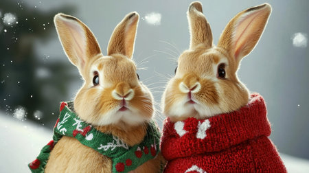 Two adorable rabbits wearing festive sweaters capture the joy of the holiday season. With fluffy fur and sweet expressions, they embody warmth and cheer.の素材