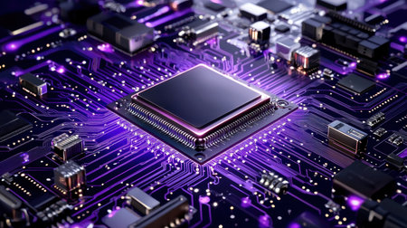 Stunning close-up of a microchip on a circuit board with glowing purple accents, emphasizing the intricate details of technology and innovation in modern electronics.の素材
