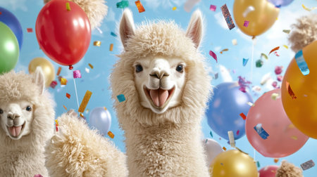 A vibrant scene featuring happy alpacas surrounded by colorful balloons and confetti, creating a joyful atmosphere perfect for celebrations and festive events.の素材