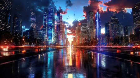 A stunning cityscape at dusk featuring vibrant lights and reflections after rain. The scene captures the lively atmosphere of urban life with sparkling buildings and a wet road, creating an inviting visual experience.の素材