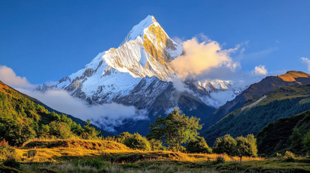 Experience the stunning beauty of a majestic snow-capped mountain, bathed in golden sunlight under a clear blue sky. Perfect for nature enthusiasts.の素材