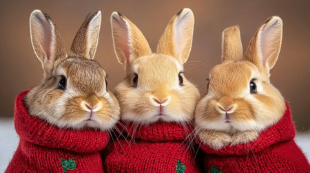 Three adorable rabbits wearing cozy red sweaters pose together in warmth and charm, offering delightful holiday cheer and capturing playful innocence.の素材