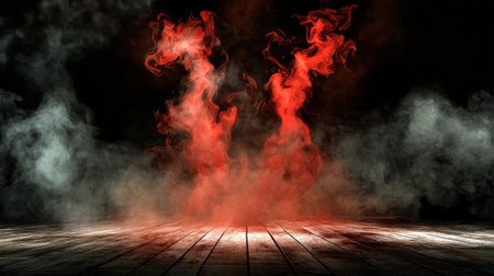 Captivating red smoke swirls rise dramatically from a wooden floor, creating an ethereal atmosphere. Ideal for creative projects needing mystery or energy.の素材