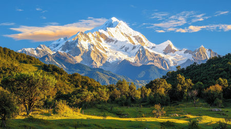 This stunning image features a majestic snow-capped mountain under a vibrant blue sky, surrounded by lush greenery, presenting a scenic view of natureの素材