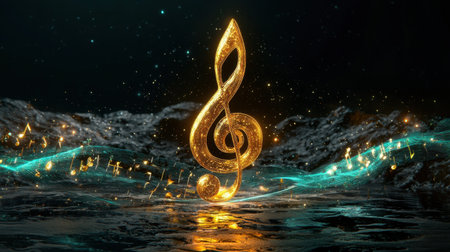 A stunning golden treble clef stands out amid bright musical notes and sparkling lights, creating a captivating atmosphere of creativity and harmony. Perfect for music lovers!の素材