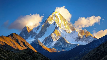 A breathtaking mountain peak rises majestically against a blue sky, illuminated by golden sunlight. The scene captures the beauty of nature and the tranquility of wilderness.の素材