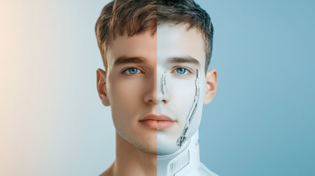 A captivating portrait showing a young man's face split between human and robotic features, exploring themes of identity, technology, and the future of humanity.の素材