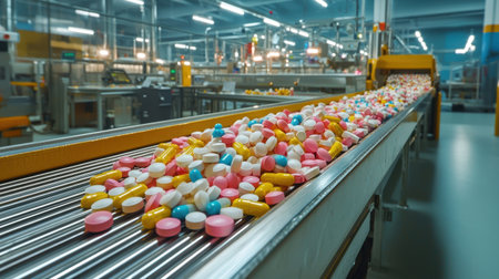 A vibrant assortment of pills and tablets cascades down a conveyor belt in a pharmaceutical factory. This image captures the intricate process of medication manufacturing in a modern facility.の素材
