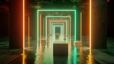 Explore a mesmerizing futuristic tunnel featuring glowing neon lights and reflective surfaces, creating an immersive experience of modern art and design.の素材