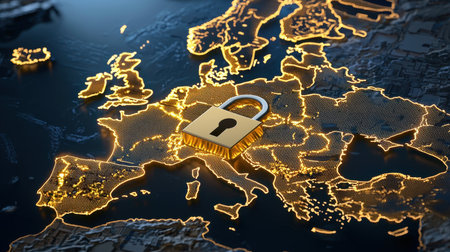 A digital representation showcasing a padlock symbol over a map of Europe, highlighting themes of security, privacy, and digital protection. Perfect for technology-related projects.の素材