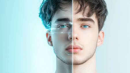 A striking portrait of a young man split in half, one side showcasing a natural look while the other reveals advanced digital enhancement, symbolizing innovation in human identity.の素材