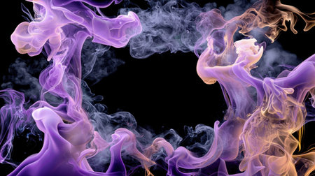 This image showcases vibrant swirling smoke in purple and orange hues, creating an abstract and artistic representation on a dark background, perfect for creative projects.の素材