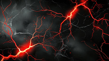 Captivating abstract image showcasing electric red lightning on a dark background. This dynamic composition offers vibrant energy and visual intensity, perfect for various creative projects.の素材