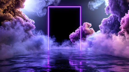 This stunning image features an ethereal portal framed by vibrant neon lights and colorful smoke effects, creating a dreamlike and surreal atmosphere.の素材