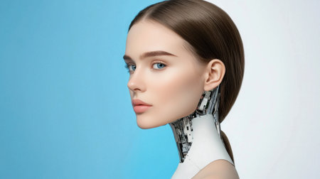 A captivating portrait of a woman with cyborg features, blending human beauty and technology in a striking digital art style that explores identity and innovation.の素材