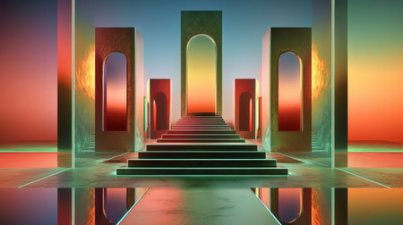 This captivating image features a surreal architectural scene with vibrant colors and reflections. The striking design creates a sense of depth and imagination.の素材