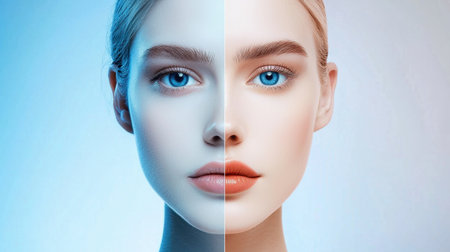 This striking image features a woman's face divided between blue and beige backgrounds, highlighting beauty and symmetry in modern portrait photography.の素材