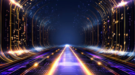 A captivating futuristic digital tunnel featuring vibrant neon lights and glowing effects, creating a sense of speed and motion in a high-tech environment.の素材