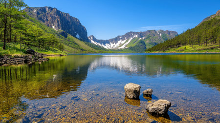 A tranquil mountain lake showcasing clear water and stunning reflections. Surrounded by lush greenery and majestic peaks, this scene embodies natural beauty.の素材