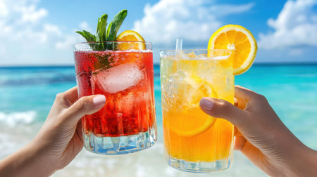 Enjoy two vibrant tropical cocktails by the beach, featuring fresh mint and citrus slices. Ideal for summer vibes and refreshing moments under the sun.の素材