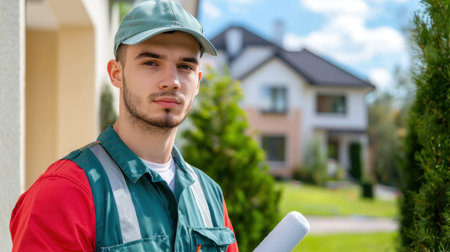 A young male contractor stands proudly holding a blueprint outside a modern residential property. His confident demeanor reflects dedication to his work in construction and planning.の素材