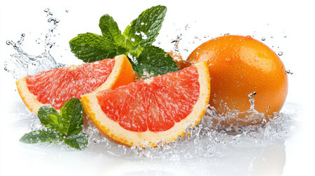 A lively composition featuring fresh grapefruit slices and a whole orange with mint leaves, creating a refreshing splash in water. Ideal for food-related imagery.の素材