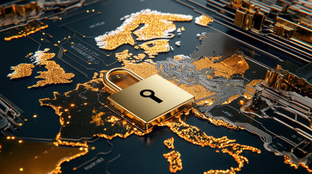 A striking image of a golden padlock placed on a digital map of Europe, symbolizing security and protection in the connected world. Perfect for themes of safety and technology.の素材
