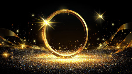 A dazzling gold ring shines amidst a backdrop of glitter and stars, creating a magical and luxurious atmosphere perfect for celebrations and special events.の素材