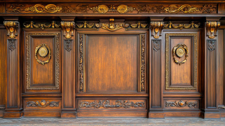 Explore the intricate design of ornate wood paneling featuring rich textures and decorative elements, perfect for enhancing elegance in interiors and historical settings.の素材