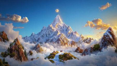 Stunning snow-capped mountain peak rises above vibrant clouds under the moonlight. Perfect for capturing the essence of nature's beauty and serenity.の素材