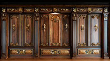 Discover this elegant wooden wall paneling, showcasing intricate carvings and luxurious details, perfect for enhancing any traditional interior space.の素材