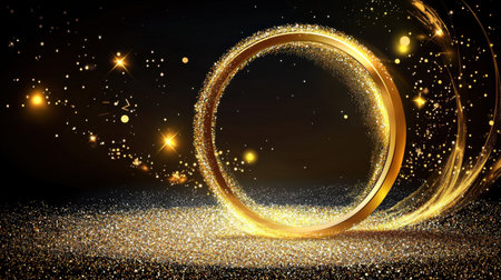 A stunning golden ring surrounded by sparkling dust on a dark background, perfect for illustrating themes of luxury, elegance, and celebration in various designs.の素材