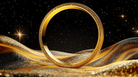 A stunning golden ring surrounded by a shimmering, glittery landscape with a starry sky. Ideal for themes of luxury, elegance, and celebration, this image captures beauty and creativity.の素材