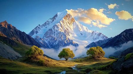 Stunning mountain landscape captures the essence of nature's beauty with vibrant greenery, towering peaks, and a serene atmosphere ideal for outdoor enthusiasts.の素材