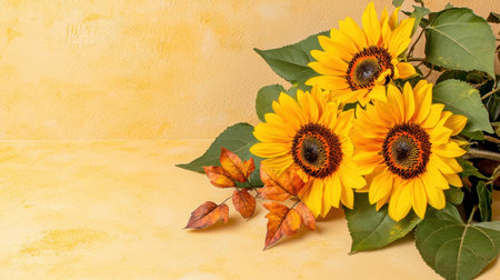 A beautiful arrangement of bright sunflowers accompanied by autumn leaves against a soft yellow background, perfect for seasonal decor or floral inspiration.の素材