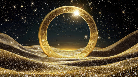 A stunning golden ring sits majestically on shimmering sand, surrounded by twinkling stars against a dark night sky. This image captures luxury and magic.の素材