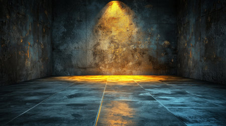 An empty urban space featuring a textured wall with a warm light casting shadows on a polished floor, creating a striking and dramatic ambiance perfect for art and design.の素材