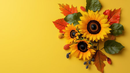 A vibrant arrangement of sunflowers paired with colorful autumn leaves on a bright yellow background, perfect for seasonal decor and nature-themed designs.の素材