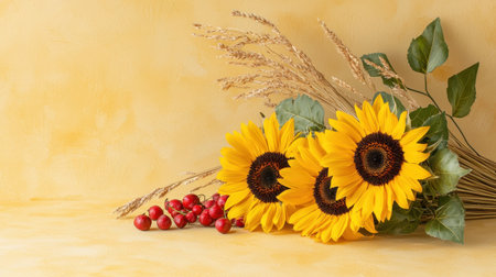 A charming arrangement featuring vibrant sunflowers, red berries, and wheat against a soft yellow backdrop, perfect for summer decor or nature-themed projects.の素材