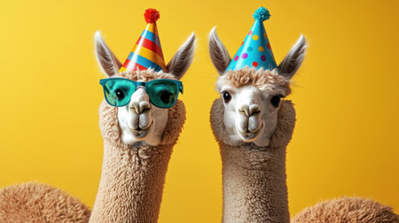 Two playful llamas wearing colorful party hats and sunglasses pose against a bright yellow background, exuding joy and celebration in a fun atmosphere.の素材