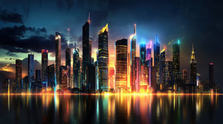 This stunning image captures a vibrant city skyline at night, showcasing colorful lights and reflections on the water, highlighting modern architecture and urban beauty.の素材