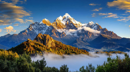 Capture the stunning beauty of a majestic mountain range under a vibrant sky. Snow-capped peaks rise dramatically above lush greenery, creating a serene and breathtaking landscape.の素材