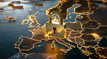 A visually striking image showcasing a lock symbolizing digital security over a glowing map of Europe, emphasizing protection and privacy in the digital age.の素材