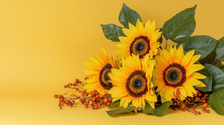 A beautiful arrangement of bright sunflowers paired with green leaves against a vivid yellow background, perfect for enhancing any space with a touch of nature.の素材