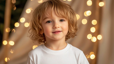 A charming young boy with curly hair smiles brightly against a soft bokeh backdrop, radiating joy and innocence. Perfect for childhood-themed projects.の素材