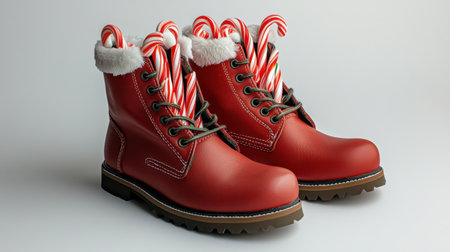 A pair of vibrant red boots decorated with candy canes, capturing the festive spirit of the holiday season. Perfect for celebrations and creative displays.の素材