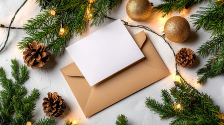 A blank card rests on a brown envelope, surrounded by festive pine branches, pinecones, and warm lights, perfect for holiday greetings or seasonal messages.の素材